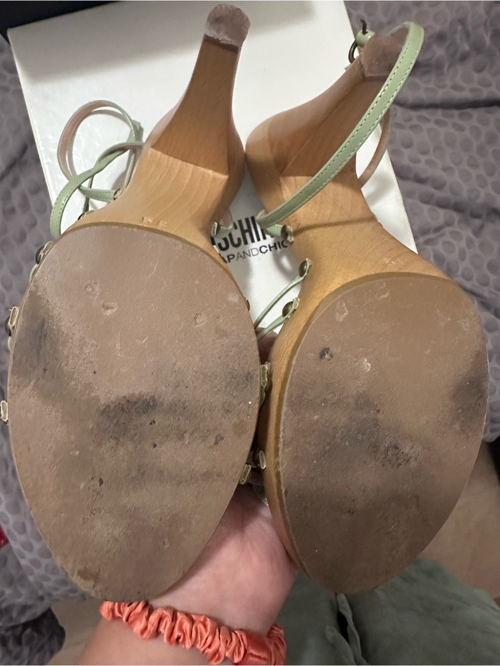 Moschino Green Bow Leather Wood Sandals Sz 9 39 - Picture 4 of 6